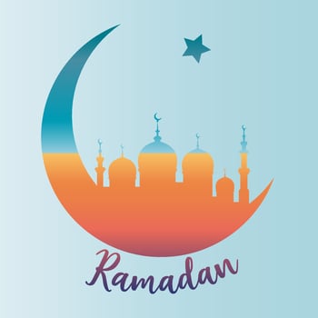 Ramadan concept in crescent moon shape with arabic islamic mosque for Holy Month of Muslim Community Festival celebration, vector colorful silhouette isolated on blue background
