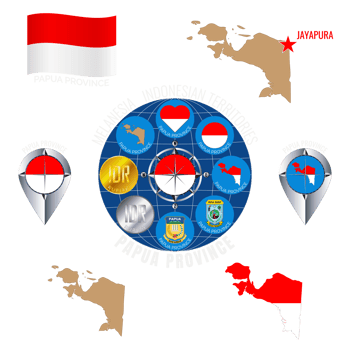 Set of illustrations of flag, outline map, icons of PAPUA PROVINCE. INDONESIAN TERRITORIES. Travel concept. png