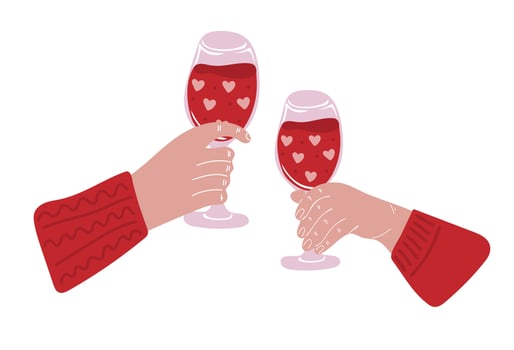 Hand drawn human hands holding a glasses with red wine vector
