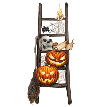 Watercolor halloween decorated ladder with carved lanterns png