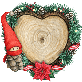 watercolor hand drawn wooden heart slice with elves, pinecones and pine branches png