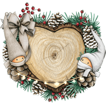 watercolor hand drawn wooden heart slice with elves, pinecones and pine branches png