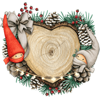 watercolor hand drawn wooden heart slice with elves, pinecones and pine branches png