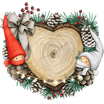 watercolor hand drawn wooden heart slice with elves, pinecones and pine branches png