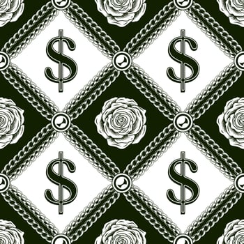 Staggered black and white vintage pattern with dollar sign, chains, beads, outline roses. Vector monochrome seamless background.