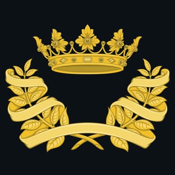 Vector design of royal crown with laurel wreath surrounded by ribbon, two olive branches adorned with ribbon with gold crown