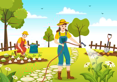 Gardener Illustration with Garden Tools, Farming, Grows Vegetables in Botanical Summer Gardening Flat Cartoon Hand Drawn for Landing Page Templates vector