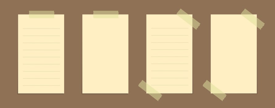 Yellow sticky note vector illustration set. Taped vertical page office memo paper template mockup.