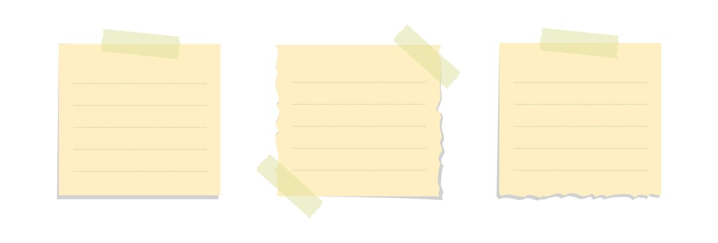 Torn yellow sticky note vector illustration. Taped square office memo paper template.