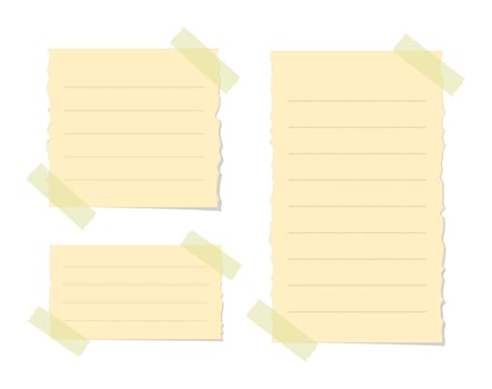 Torn yellow sticky note vector illustration set. Taped office memo paper mockup template.