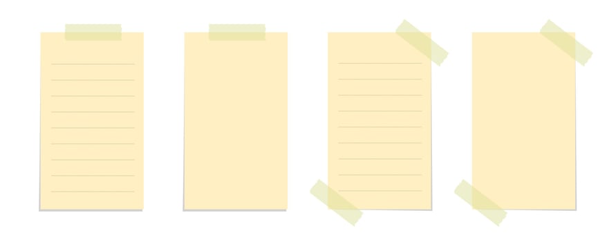 Yellow sticky note vector illustration set. Taped vertical page office memo paper template mockup.