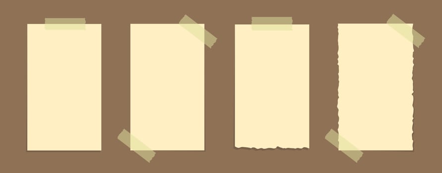 Torn yellow sticky note vector illustration set. Taped office memo paper mockup template.