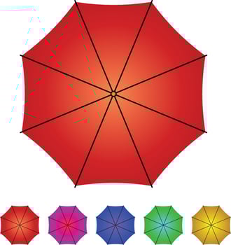 Full opened red color umbrella and tiny umbrellas flat clipart vector illustration