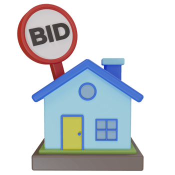3d rendering. minimalist style cute house icon and offer notice board. illustration of a house being auctioned and sold by submitting a bid png
