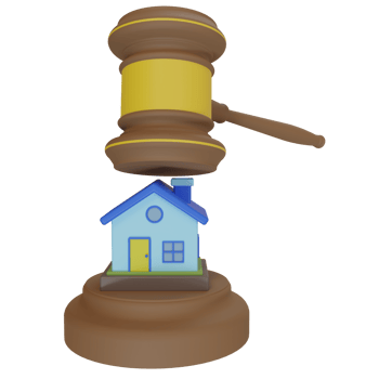3d render minimalist cute house icon with judge gavel, concept illustration of houses that deal at auction png