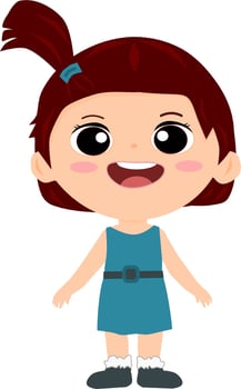 Cute Little Kid girl wear a blue dress. Laugh smile face kid. Vector illustration.