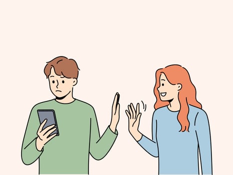 homem rejeitar sorridente amoroso mulher mostrando atenção. ocupado cara usando celular evitar e ignorar persistente fêmea mostrar interesse. relação problema. vetor ilustração.