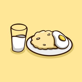 breakfast cartoon illustration with rice eggs and milk vector