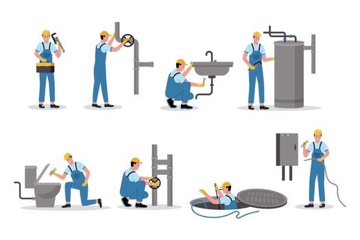 Vector illustration set of plumber workers