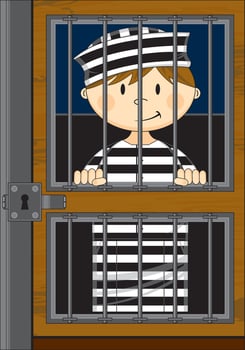 Cartoon Prisoner in Jail Cell Wearing a Classic Striped Prison Uniform vector