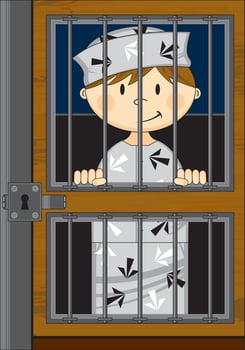 Cartoon Prisoner in Jail Cell Wearing a Classic Arrow Style Prison Uniform vector