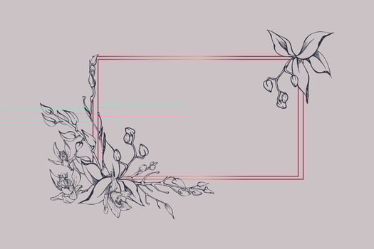 Hand drawn vector ink orchid flowers and branches, monochrome, detailed outline. Horizontal frame composition. Isolated on white background. Design for wall art, wedding, print, tattoo, cover, card.
