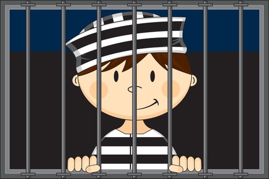 Cartoon Prisoner Wearing Classic Striped Prison Uniform in Jail Cell vector