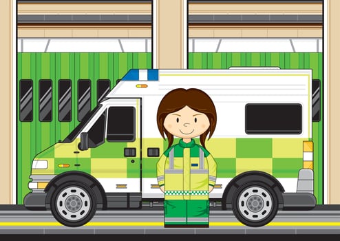 Cute Cartoon British Paramedic with Ambulance at Station vector
