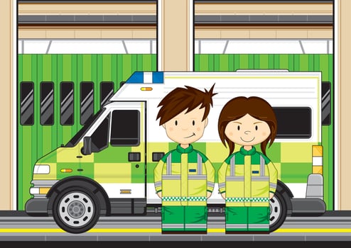 Cute Cartoon British Paramedics with Ambulance at Station vector