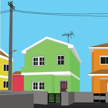 Houses vector art with street and sky
