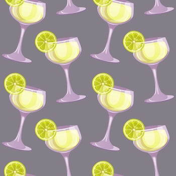 Seamless pattern of Daiquiri classic cocktail with lime. Italian aperitif cocktails. Alcoholic beverage for drinks bar menu. Beach Holidays, summer vacation, party, cafe bar, recreation. vector