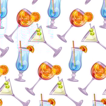 Seamless pattern of Aperol Spritz, Blue lagoon, Martini classic cocktails. Italian aperitif cocktail. Alcoholic beverage for drinks bar menu. Beach Holidays, summer vacation, party, cafe, recreation. vector