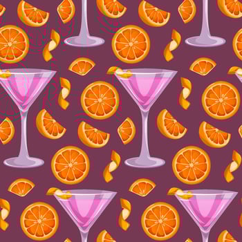 Seamless pattern Cosmopolitan classic cocktail with orange. Italian aperitif cocktails. Alcoholic beverage for drinks bar menu. Beach Holidays, summer vacation, party, cafe bar, recreation. vector