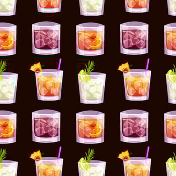 Seamless pattern with gin tonic, whiskey soda, old fashioned, mai tai. Italian aperitif cocktails. Alcoholic beverage for drinks bar menu. Beach Holidays, summer vacation, party, cafe bar, recreation. vector