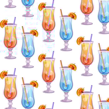 Seamless pattern of Sex on the beach, Blue lagoon classic cocktails. Italian aperitif cocktail. Alcoholic beverage for drinks bar menu. Beach Holidays, summer vacation, party, cafe bar, recreation. vector