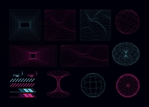 Geometric retro wireframe 3d shapes, futuristic and cyberpunk grid elements with rave style, abstract background with glowing neon lights vector