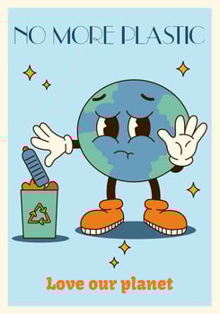 Vertical poster or card illustration groovy planet character throws out garbage in retro cartoon style of 60s 70s. Quote No more plastic. Love our planet vector