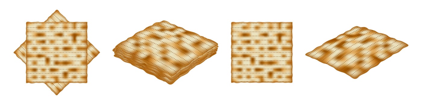 Matzo for Passover, isolated on white in different positions. Matzoh, unleavened bread is a symbol of the Jewish holiday Pesach. Vector illustration.