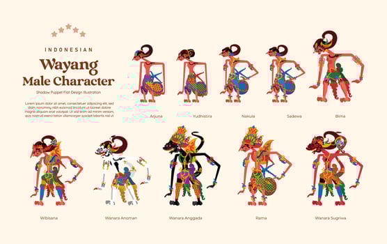 Isolated Set of Indonesian wayang male character flat design illustration vector