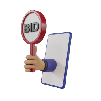 3d render cute icon of hand holding bidding board and smartphone, illustration concept of bidding on online auction using smartphone png