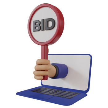 3d render icon cute hand holding bidding board and smartphone, illustration concept of bidding on online auction using laptop png