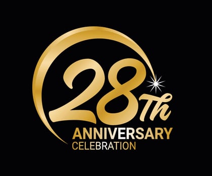 28th Anniversary ordinal number Counting vector art illustration in stunning font on gold color on black background