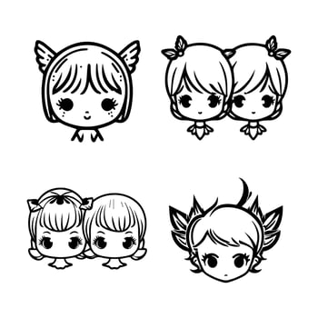 cute anime fairies princess angel head kawaii collection set hand drawn illustration vector