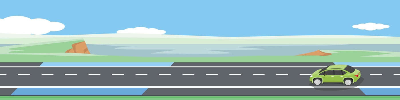 Happy car driving on asphalt road. Driving on country road with bike lens beside road. Background of mendow hills and fresh water reservoirs under blue sky. Copy Space Flat Vector for banner.