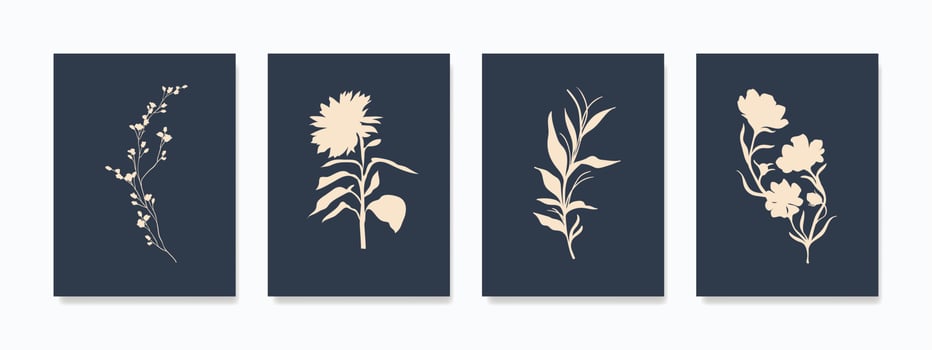 Printable minimalist illustrations wall art. The illustrations feature delicate flowers, leaves, plants, and herbs, on elegant color. Making them a perfect addition to any room. vector