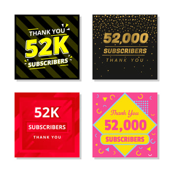 Thank you 52k subscribers set template vector. 52000 subscribers. 52k subscribers colorful design vector. thank you fifty two thousand subscribers vector