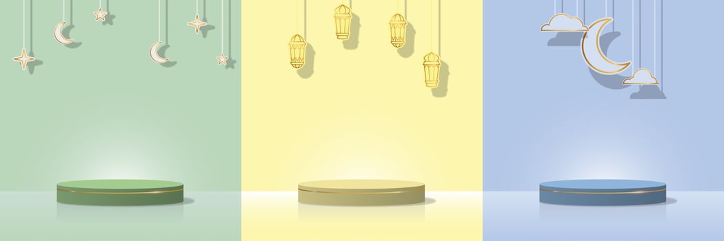 minimalist pedestal podium in soft color with cloud, moon, star and lantern ornament. product display presentation. vector illustrations EPS10