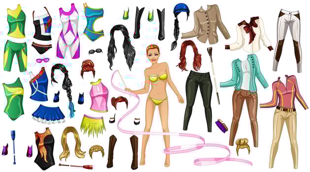 Cute Cartoon Sports Paper Doll with Gymnastics, Swimming and Horse Riding Outfits, Hairstyles and Accessories. Vector Illustration