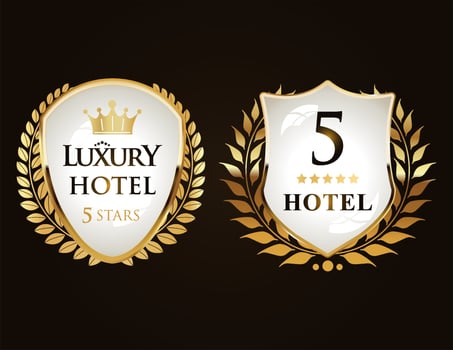 Golden laurel wreath set five stars hotel badges collection vector