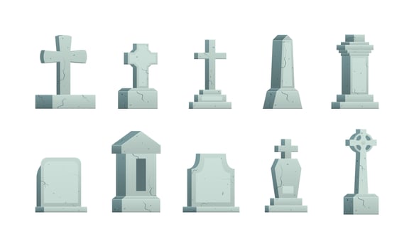 Cartoon Color Different Tombstones and Cemetery Crosses Set. Vector